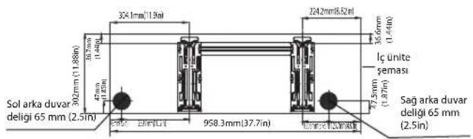 Sol arka duvar deligi 65 mm (2.5in) 302mm(11.88in) 304.1mm(11.9in) 267mm(11.40in) 476mm(11.25in) 958.3mm(37.7in) 2342mm(8.52in) 356mm(11.44in) İç ünite şemasi 73.5mm(11.27in) Sag arka duvar deligi 65 mm (2.5in)