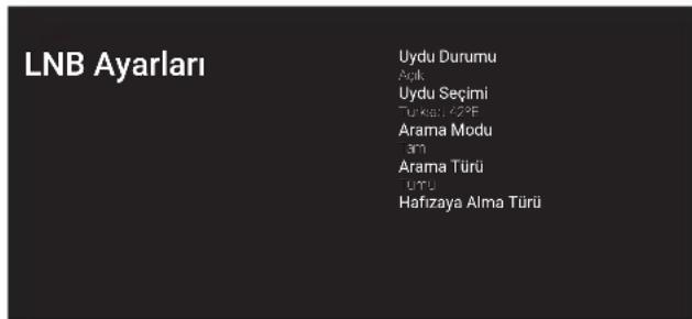 LNB Ayarlari Uydu Durumu Arik Uydu Seçimi Turkasi 423F Arama Modu 31 Arama Türü UTU Hafizaya Alma Türü