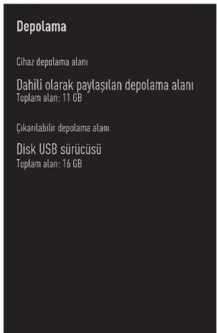 Depolama Cihaz depolama alanı Dahili olarak paylaşılan depolama alanı Toplam alan: 11 GB Çıkarılabilir depolama alanı Disk USB sürücüsü Toplam alan: 16 GB