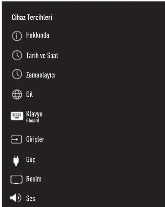 Cihaz Tercihleri Hakkında Tarih ve Saat Zamanlayıcı Dil Klavye Gboard Girişler Güç Resim Ses