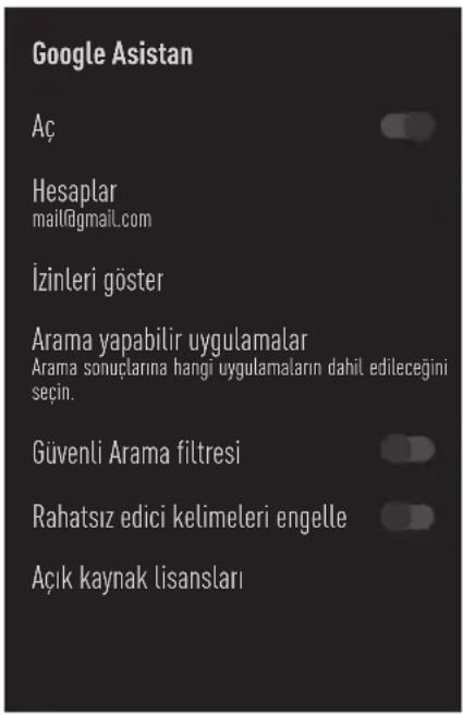 Google Asistan Aç Hesaplar mail@gmail.com İzinleri göster Arama yapabilir uygulamalar Arama sonuçlarına hangi uygulamaların dahil edileceğini seçin. Güvenli Arama filtresi Rahatsız edici kelimeleri engelle Açık kaynak lisansları