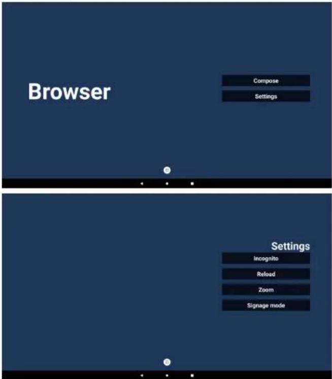 Browser Compose Settings Settings Incognito Reload Zoom Signage mode