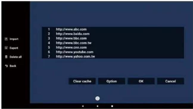 1 http://www.abc.com 2 http://www.baidu.com 3 http://www.bbc.com 4 http://www.bbc.com.tw 5 http://www.cnn.com 6 http://www.youtube.com 7 http://www.yahoo.com.tw Clear cache Option OK Cancel