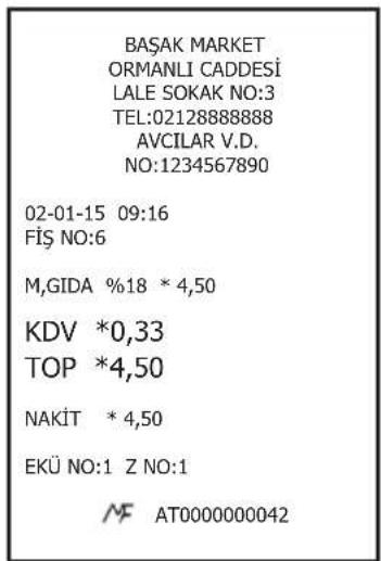 BAŞAK MARKET ORMANLI CADDESİ LALE SOKAK NO:3 TEL:02128888888 AVCILAR V.D. NO:1234567890 02-01-15 09:16 FİŞ NO:6 M,GIDA %18 * 4,50 KDV *0,33 TOP *4,50 NAKİT * 4,50 EKÜ NO:1 Z NO:1 MF AT0000000042