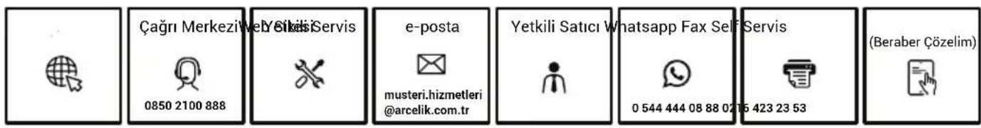 Çağrı Merkezi 0850 2100 888 Yetkili Servis e-posta musteri.hizmetleri @arcelik.com.tr Yetkili Satıcı Whatsapp Fax Self Servis 0 544 444 08 88 02 16 423 23 53 (Beraber Çözelim)