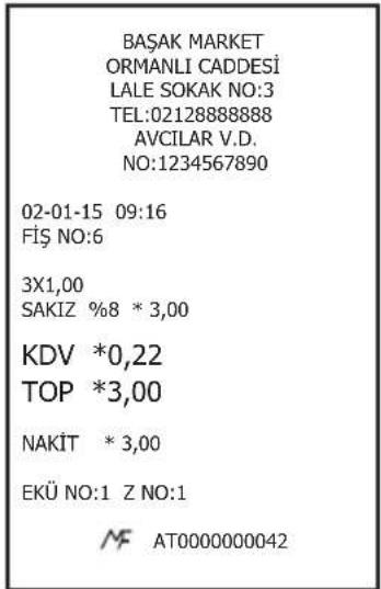 BAŞAK MARKET ORMANLI CADDESİ LALE SOKAK NO:3 TEL:02128888888 AVCILAR V.D. NO:1234567890 02-01-15 09:16 FİŞ NO:6 3X1,00 SAKIZ %8 * 3,00 KDV *0,22 TOP *3,00 NAKİT * 3,00 EKÜ NO:1 Z NO:1 MF AT0000000042