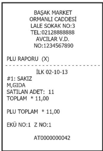BAŞAK MARKET ORMANLI CADDESİ LALE SOKAK NO:3 TEL:02128888888 AVCILAR V.D. NO:1234567890 PLU RAPORU (X) İLK 02-10-13 #1: SAKIZ M,GIDA SATILAN ADET: 11 TOPLAM * 11,00 PLU TOPLAM * 11,00 EKÜ NO:1 Z NO:1 AT0000000042