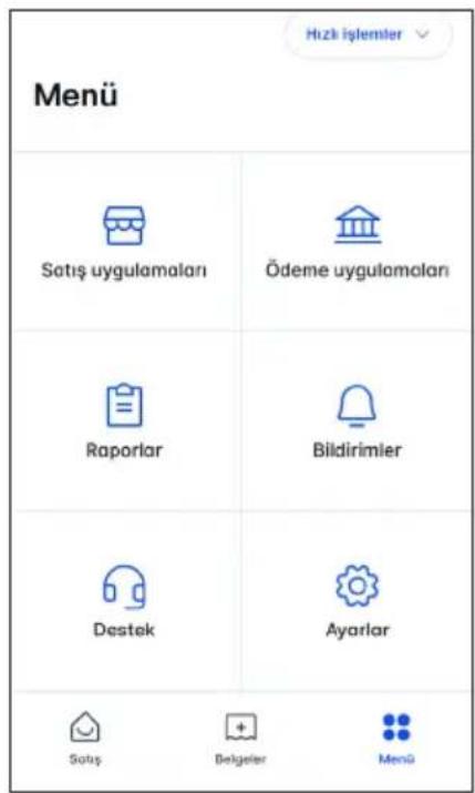Hizki İşlemler Menü Satis uygulamaları Ödeme uygulamaları Raporlar Bildirimler Destek Ayarlar Satis Belgeler Menü