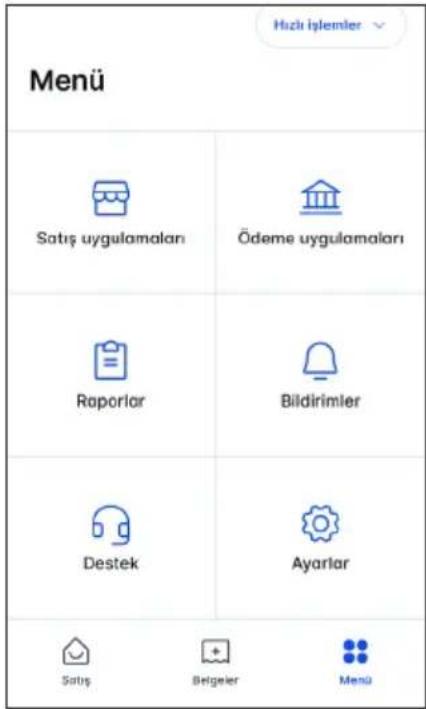 Hizki İşlemler Menü Satış uygulamaları Ödeme uygulamaları Raporlar Bildirimler Destek Ayarlar Satış Belgeler Menü