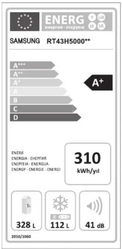ENERG ENERGIE · ENEPTEIA Y UA IE IA SAMSUNG RT43H5000** A++ A++ A+ A B C D A+ ENERJI ENERGIA · ENEPTIR ENEPTEA · ENERGUA ENERGY · ENERGIE · ENERGI 310 kWh/yil 1L 328 L 112 L 41 dB 2010/1060