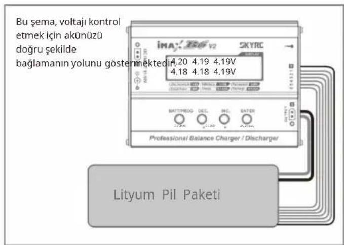 Bu şema, voltajı kontrol etmek için akünüzü doğru şekilde bağlamanın yolunu göstermektedin. SKYRC 4.20 4.19 4.19V 4.18 4.18 4.19V MATTPROG DEL INC ENTER Professional Balance Charger / Discharger Lityum Pil Paketi