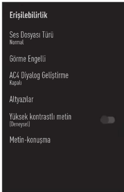 Erişilebilirlik Ses Dosyası Türü Normal Görme Engelli AC4 Diyalog Geliştirme Kapalı Altyazılar Yüksek kontrastlı metin (Deneysel) Metin-konuşma