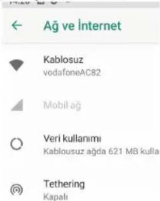 Ağ ve Internet Kablosuz vodafoneAC82 Mobil ağ Veri kullanımı Kablousuz ağda 621 MB kulla Tethering Kapali