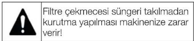 Filtre çekmecesi süngeri takılmadan kurutma yapılması makinenize zarar verir!