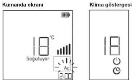 Kumanda ekrani Soğutuyor °C Aç 2:00 Klima göstergesi