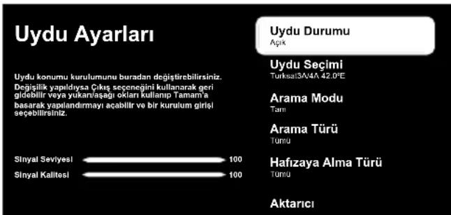 Uydu Ayarları Uydu konumu kurulumunu buradan değiştirebilirsiniz. Değişilik yapıldıya Çıksı seçeneğini kullanarak geri gidebilir veya yukarı/asaktı oklami kullanı Tamam'a basarak yapılandırmayı açabilir ve bir kurulum gruplı seçebilirsiniz. Sinyal Seviyesi 100 Sinyal Kalitosi 100 Uydu Durumu Açık Uydu Seçimi Turksat3A/4A 42.0PE Arama Modu Tami Arama Türü Tumü Hafizaya Alma Türü Tumü Aktarıcı