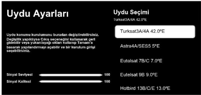 Uydu Ayarları Uydu konumu kurulumunu buradan,Xeştiye bilirilini. Değlilik yapıldiya Çıkış seçeneğil kullanarak geri gildabitir veya yukarıdaşkı oktari kullanıp Taman's basarakı yapilandirmayı aşabilitir ve bir kurutum girisi seçebilirini. Uydu Seçimi Turksat3A/4A 42.0°E Turksat3A/4A 42.0°E Astra4A/SES5 5°E Eutelsat 7B/C 7.0°E Sinyal Sevtyesi 100 Sinyal Kalitesi 100 Eutelsat 9B 9.0°E Hotbird 13B/C/E 13.0°E