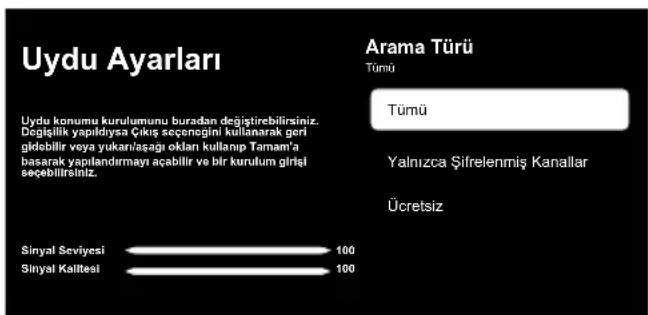 Uydu Ayarları Arama Türü Tümü Tümü Yalnızca Şifrefenmiş Kanallar Ücretsiz Uydu konumu kurulumunu buradan değiştirebilirsiniz. Değişilik yapıldiya Çıkış seçencigil kullanarak geri gildobilir veya yukarılaşığı okları kullanıp Tamam'a basarak yapılandırmayı açabilir ve bir kurulum girişl seçebilitirsiniz. Sinyal Seviyesi 100 Sinyal Kalitesi 100