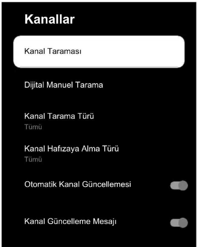 Kanallar Kanal Taraması Dijital Manuel Tarama Kanal Tarama Türü Tümü Kanal Hafızaya Alma Türü Tümü Otomatik Kanal Güncellemesi Kanal Güncelleme Mesajı