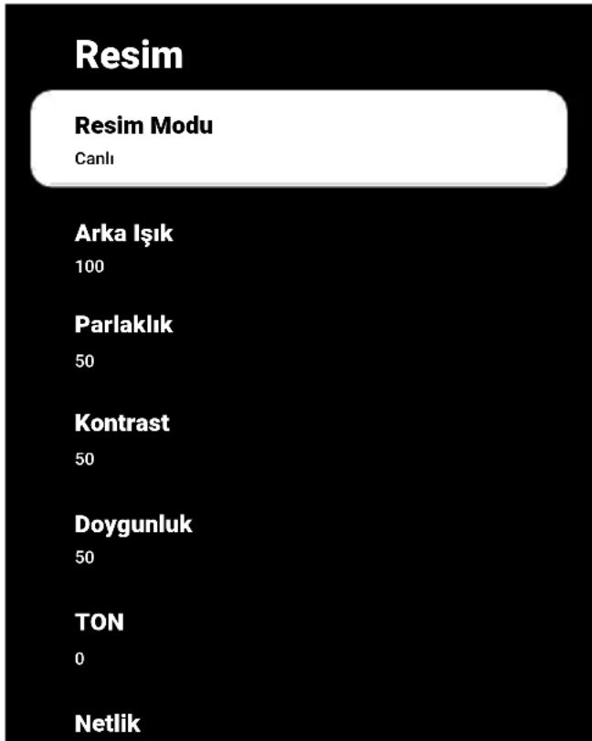 Resim Resim Modu Canlı Arka Işık 100 Parlaklık 50 Kontrast 50 Doygunluk 50 TON 0 Netlik