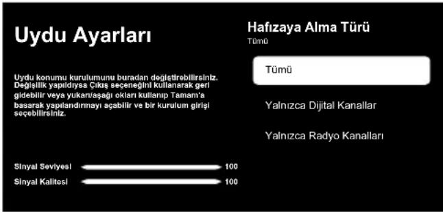 Uydu Ayarları Hafizaya Alma Türü Tümü Tümü Uydu konumu kurulumunu buradan değiştirbiliirsiniz. Değişilik yaptidysa Çıksi seçeneğil kullanerak gerli gidebilir veya yukarı/asajı oklari kullanıp Tamam'a basarak yapıLandırmayı açabilir ve bir kurulum girişi seçebiliirsiniz. Yalnızca Dijital Kanallar Yalnızca Radyo Kanalları Sinyal Seviyesl 100 Sinyal Kalitosl 100