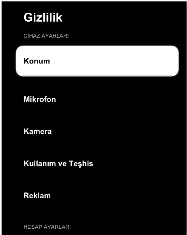Gizlilik CIHAZ AYARLARI Konum Mikrofon Kamera Kullanım ve Teşhis Reklam HESAP AYARLARI