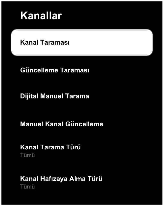 Kanallar Kanal Taraması Güncelleme Taraması Dijital Manuel Tarama Manuel Kanal Güncelleme Kanal Tarama Türü TÜmü Kanal Hafızaya Alma Türü TÜmü