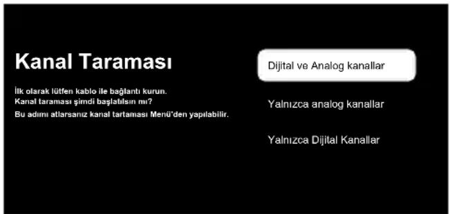 Kanal Taraması İlk olarak lütfen kablo ile bağlantı kurun. Kanal taraması şimdi başlatısın mı? Bu adımı atlarsanız kanal tartaması Menü'den yapılabilir. Dijital ve Analog kanallar Yalnızca analog kanallar Yalnızca Dijital Kanallar
