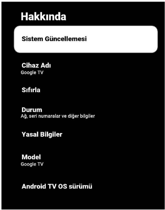 Hakkında Sistem Günclemesi Cihaz Adı Google TV Sıfırla Durum Ağ, seri numaralar ve diğer bilgiler Yasal Bilgiler Model Google TV Android TV OS sürümü