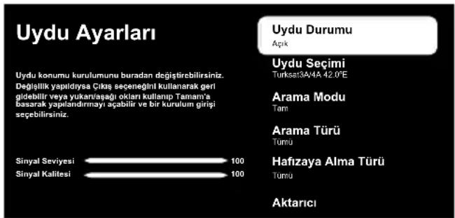 Uydu Ayarları Uydu konumu kurulumunu buradan değiştirebilirsiniz. Değişilik yapıldıysa Çıks seçeneğnlı kullanerak geri gidebilir veya yukarı/aşığı oklari kullanıp Tamam'a basarak yapılandırmayı açabilir ve bir kurulum girişi seçibilirsiniz. Sinyal Seviyesi 100 Sinyal Kalitesi 100 Uydu Durumu Açık Uydu Seçimi Turksat3A/4A 42.0'E Arama Modu Tumi Arama Türü Tumü Hafizaya Alma Türü Tumü Aktarıcı