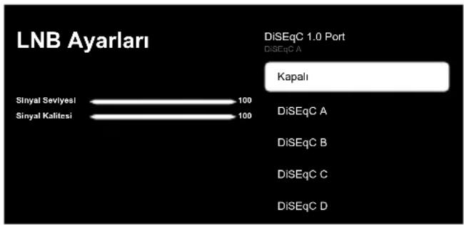 LNB Ayarlari DiSEqC 1.0 Port DiSEqC A Sinyal Seviyesi 100 Sinyal Kalitesi 100 Kapali DiSEqC A DiSEqC B DiSEqC C DiSEqC D