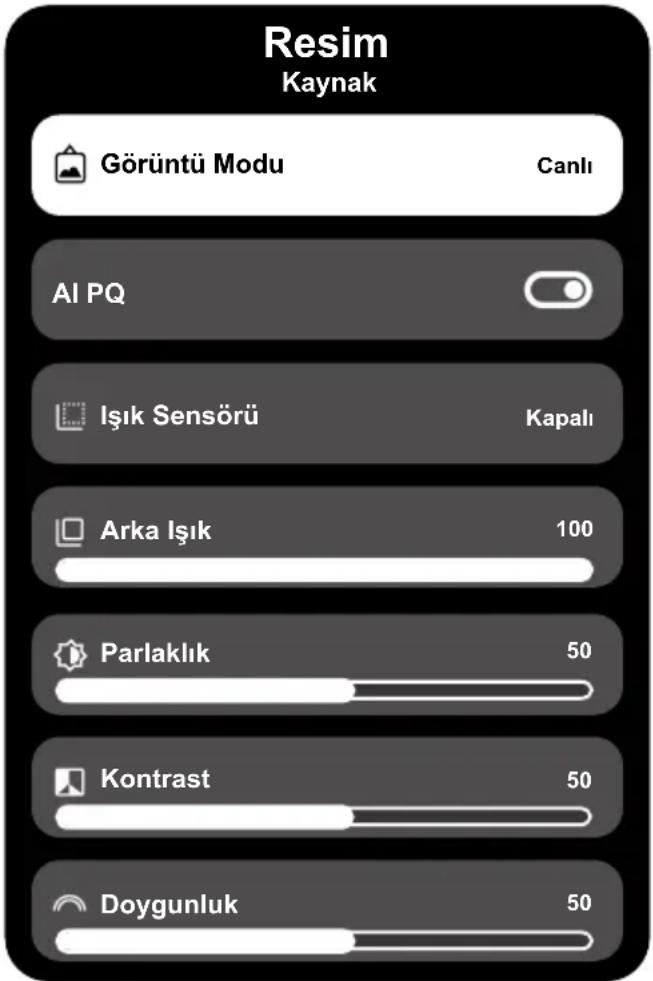 Resim Kaynak Görüntü Modu Canlı AI PQ Işık Sensörü Kapalı Arka Işık 100 Parlaklık 50 Kontrast 50 Doygunluk 50