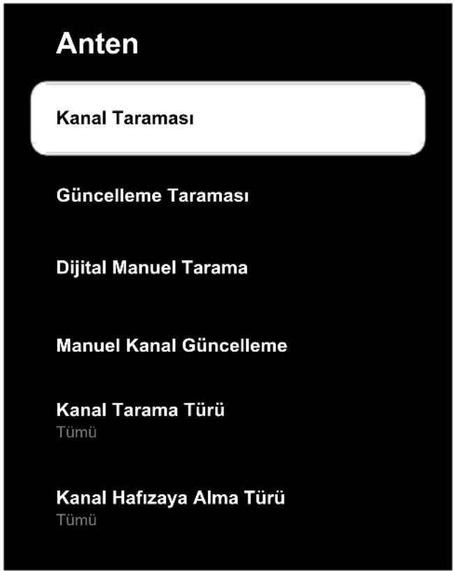 Anten Kanal Taraması Güncelleme Taraması Dijital Manuel Tarama Manuel Kanal Güncelleme Kanal Tarama Türü TÜmü Kanal Hafızaya Alma Türü TÜmü