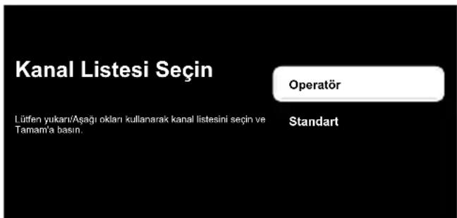 Kanal Listesi Seçin Operatör Lütfen yukarı/Asağı okları kullanarak kanal listesini seçin ve Tamam'a basin. Standart