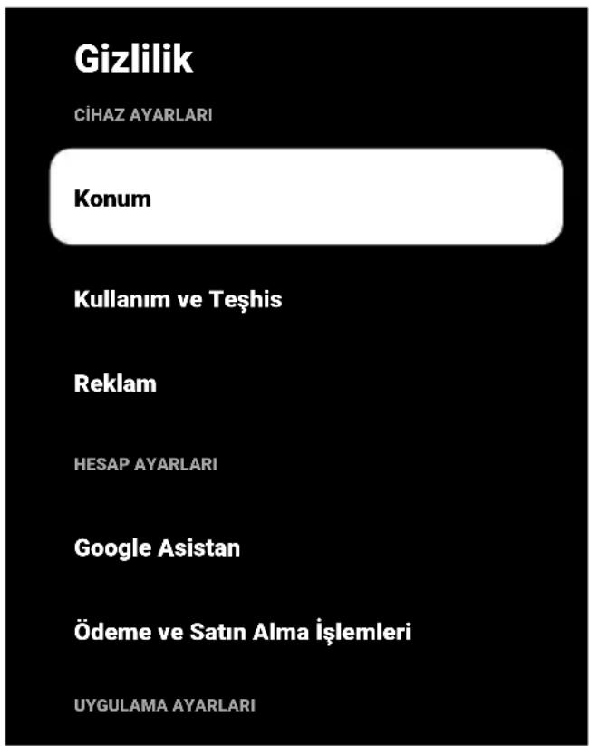 Gizlilik CİHAZ AYARLARI Konum Kullanım ve Teşhis Reklam HESAP AYARLARI Google Asistan Ödeme ve Satın Alma İşlemleri UYGULAMA AYARLARI