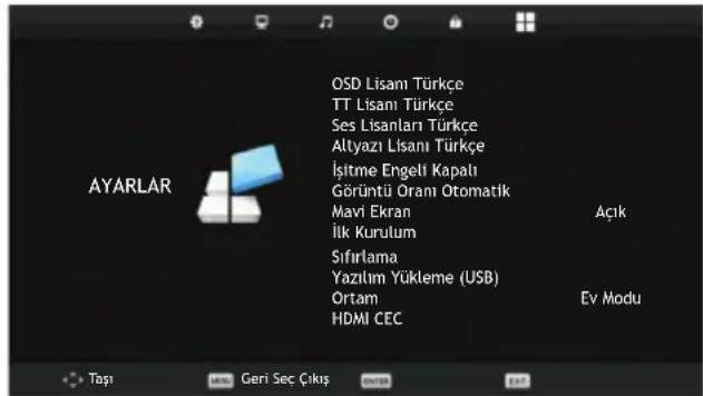 AYARLAR OSD Lisam Türkçe TT Lisani Türkçe Ses Lisanları Türkçe Altyazı Lisani Türkçe İşitme Engeli Kapalı Görüntü Oranı Otomatik Mavi Ekran İlk Kurulum Sifırlama Yazılım Yükleme (USB) Ortam HDMI CEC Açık Ev Modu Taşı Geri Seç Çıkış