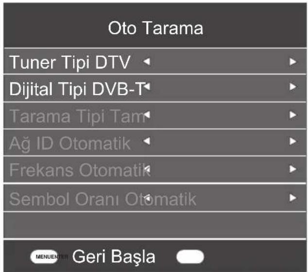 Oto Tarama Tuner Tipi DTV ▶ Dijital Tipi DVB-T ▶ Tarama Tipi Tam ▶ Ağ ID Otomatik ▶ Frekans Otomatik ▶ Sembol Oranı Otomatik ▶ MENUER Geri Başla