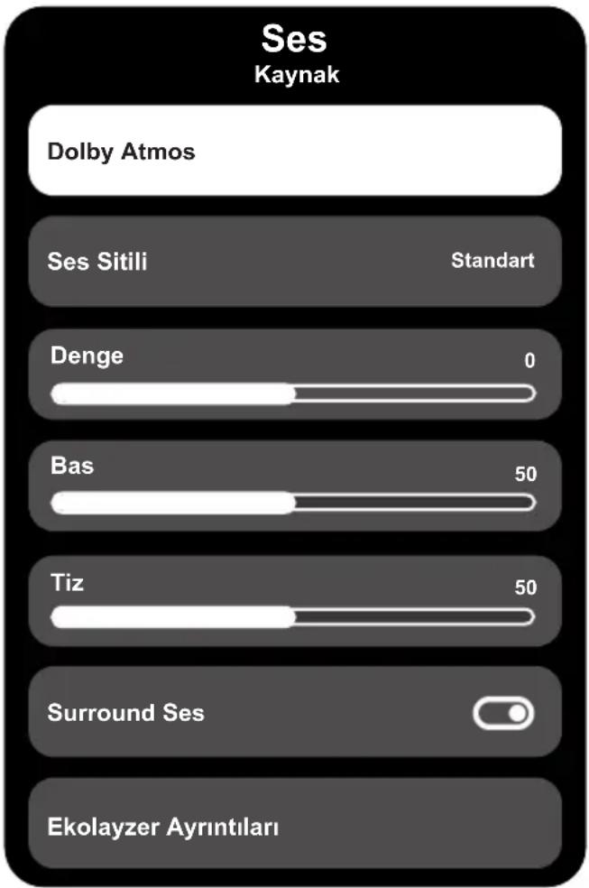 Ses Kaynak Dolby Atmos Ses Sitili Standart Denge 0 Bas 50 Tiz 50 Surround Ses Ekolyzer Ayrıntıları