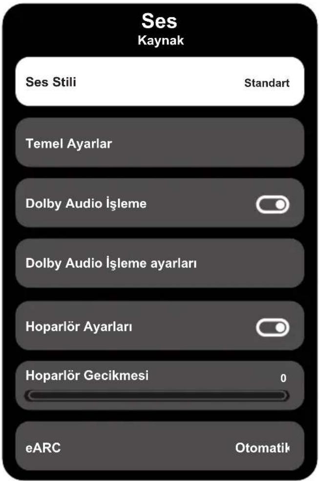 Ses Kaynak Ses Stili Standart Temel Ayarlar Dolby Audio İşleme Dolby Audio İşleme ayarları Hoparlör Ayarları Hoparlör Gecikmesi 0 eARC Otomatik