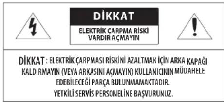 DİKKAT ELEKTRİK ÇARPMA RİSKİ VARDIR AÇMAYIN DİKKAT : ELEKTRİK ÇARPMAŞI RİSKİNİ AZALTMAK İÇİN ARKA KAPAĞI KALDIRMAYIN (VEYA ARKASINI AÇMAYIN) KULLANICININ MÜDAHELE EDEBİLECEĞI PARÇA BULUNMAMAKTADIR. YETKİLİ SERVİŞ PERSONELİNE BAŞVURUNUZ.