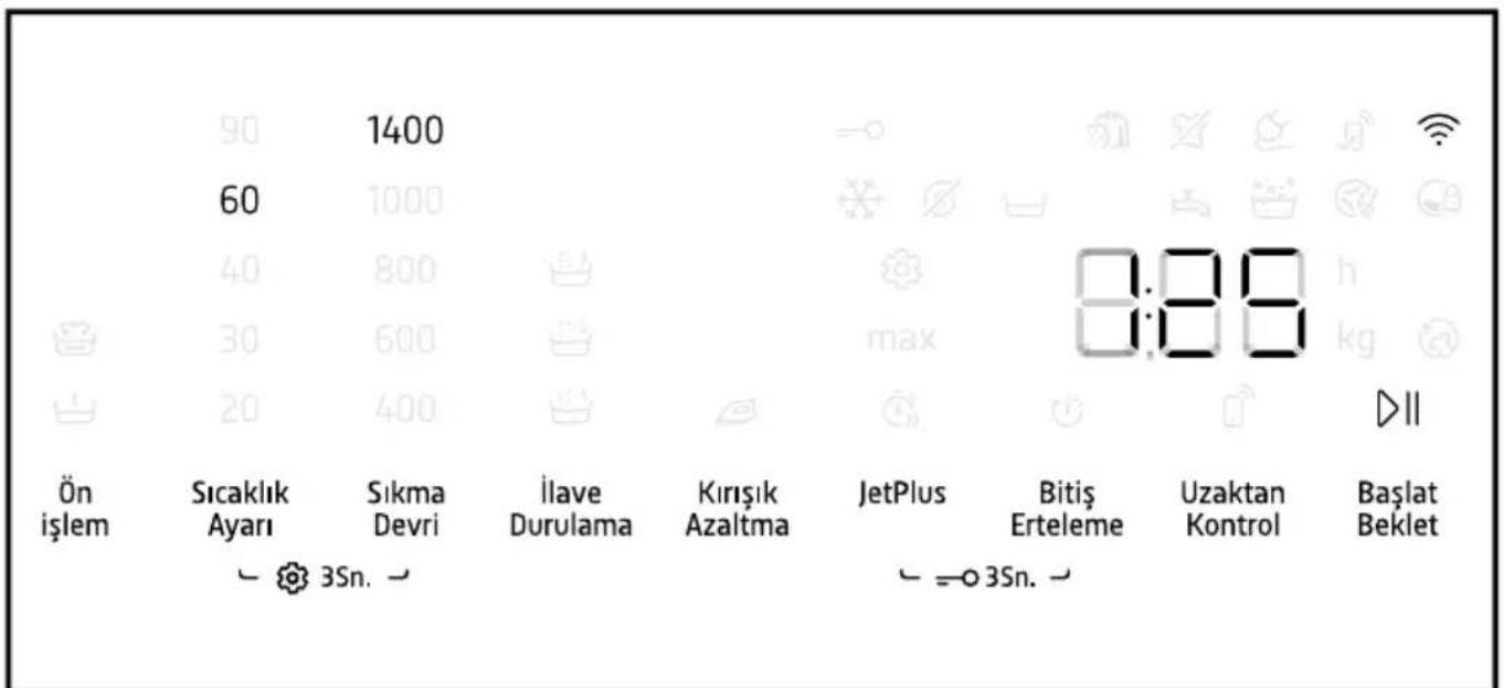 90 1400 60 40 800 30 600 20 400 Ön işlem Sıcaklık Sıkma İlave Kirişik JetPlus Bitiş Uzaktan Başlat Ayarı Devri Durulama Azaltma Erteleme Kontrol Beklet 3Sn. = 3Sn.