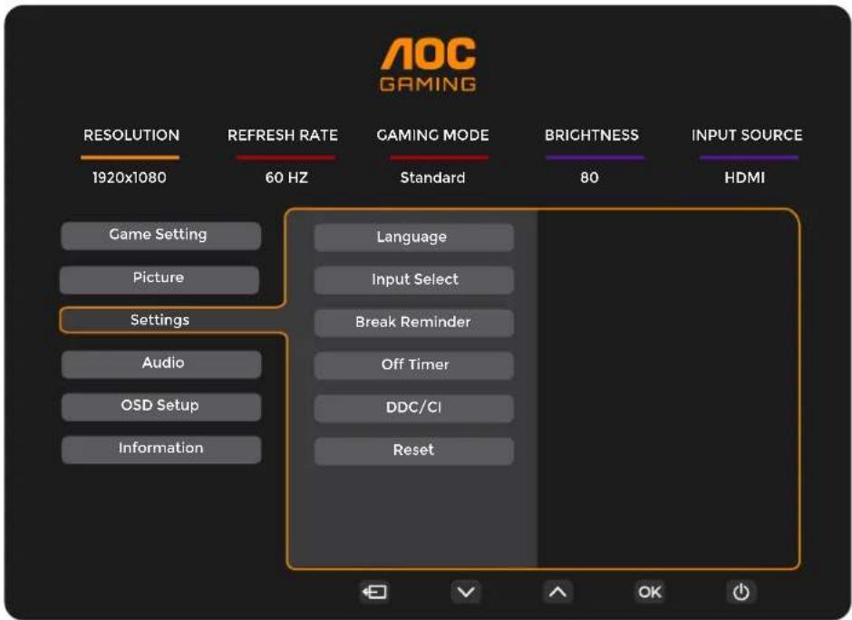 AOC GAMING RESOLUTION 1920x1080 REFRESH RATE 60 HZ GAMING MODE Standard BRIGHTNESS 80 INPUT SOURCE HDMI Game Setting Picture Settings Audio OSD Setup Information Language Input Select Break Reminder Off Timer DDC/CI Reset