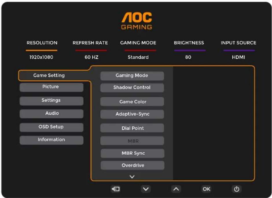 AOC GAMING RESOLUTION 1920x1080 REFRESH RATE 60 HZ GAMING MODE Standard BRIGHTNESS 80 INPUT SOURCE HDMI Game Setting Picture Settings Audio OSD Setup Information Caming Mode Shadow Control Game Color Adaptive-Sync Dial Point MBR MBR Sync Overdrive