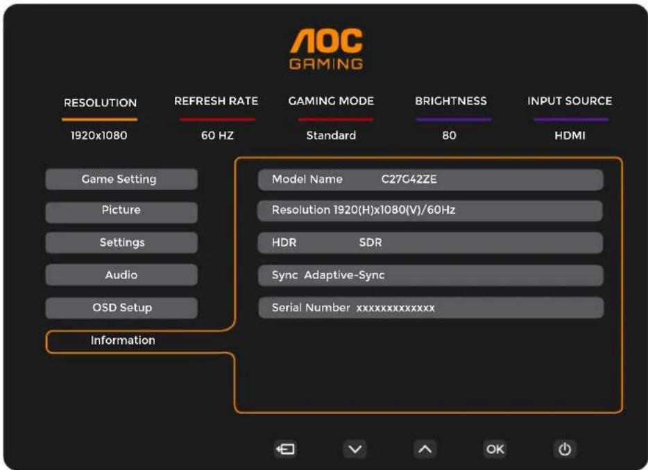 AOC GAMING RESOLUTION 1920x1080 REFRESH RATE 60 HZ GAMING MODE Standard BRIGHTNESS 80 INPUT SOURCE HDMI Game Setting Picture Settings Audio OSD Setup Information Model Name C27C42ZE Resolution 1920(H)x1080(V)/60Hz HDR SDR Sync Adaptive-Sync Serial Number xxxxxxxxxxxxxxxxx