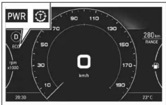 PWR T 70 90 110 130 150 280 km RANGE D ECO rpm x1000 30 km/h 170 190 10 20:30 23°C