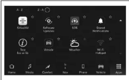 A - Z Z - A SiniXM Software Updates SOS Stored Notifications i Test Fox-up-lb Vehicle Weather Wi-Fi Hotspot Home Media Comfort Nav Phone Vehicle Apps
