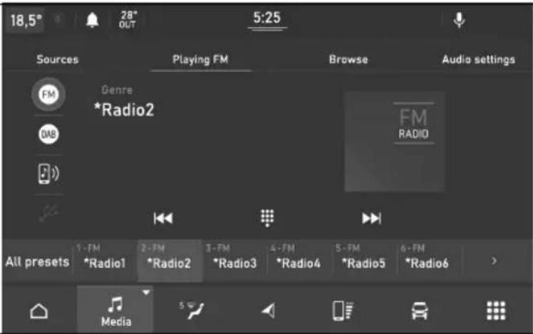 18,5° 28° OUT 5:25 Sources Playing FM Browse Audio settings FM Genre *Radio2 FM RADIO All presets 1 - FM *Radio1 2 - FM *Radio2 3 - FM *Radio3 4 - FM *Radio4 5 - FM *Radio5 6 - FM *Radio6 Media