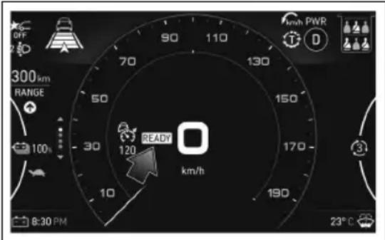 OFF 20D 300km RANGE 100h 120 READY km/h 190 170 150 130 90 70 10 8:30 PM 23°C km/h PWR D