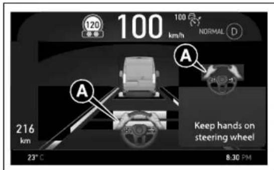 120 100 km/h NORMAL A 216 km Keep hands on steering wheel 23°C 8:30 PM