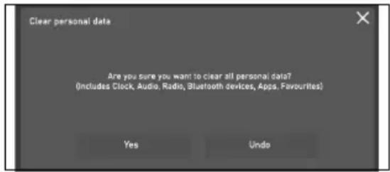Clear personal data Are you sure you want to clear all personal data? (Includes Clock, Audio, Radio, Bluetooth devices, Apps, Favourites) Yes Undo
